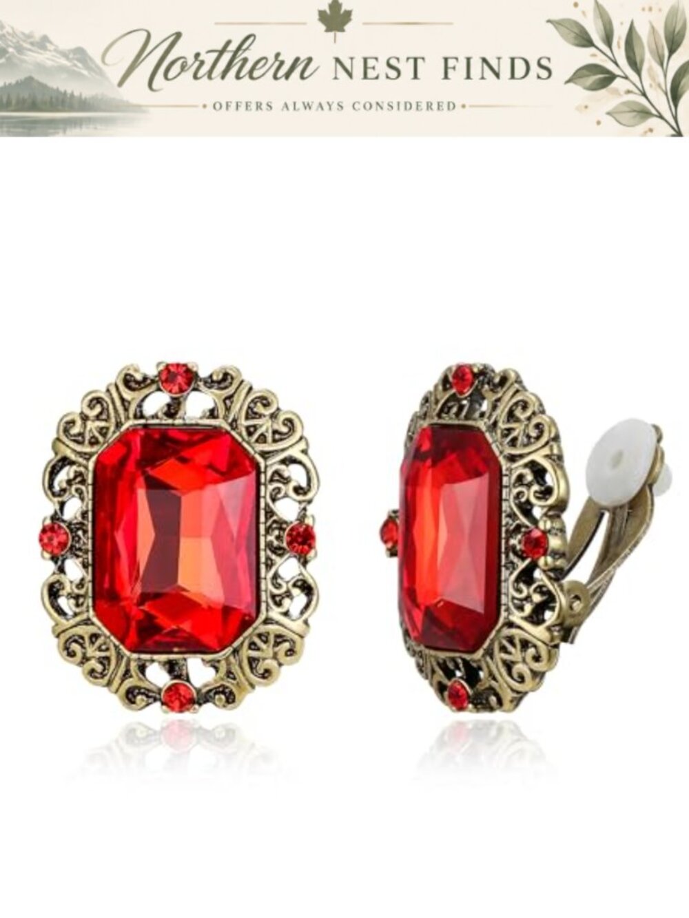 Victorian Style Crystal Floral Cameo Oval Clip-On Stud Earrings